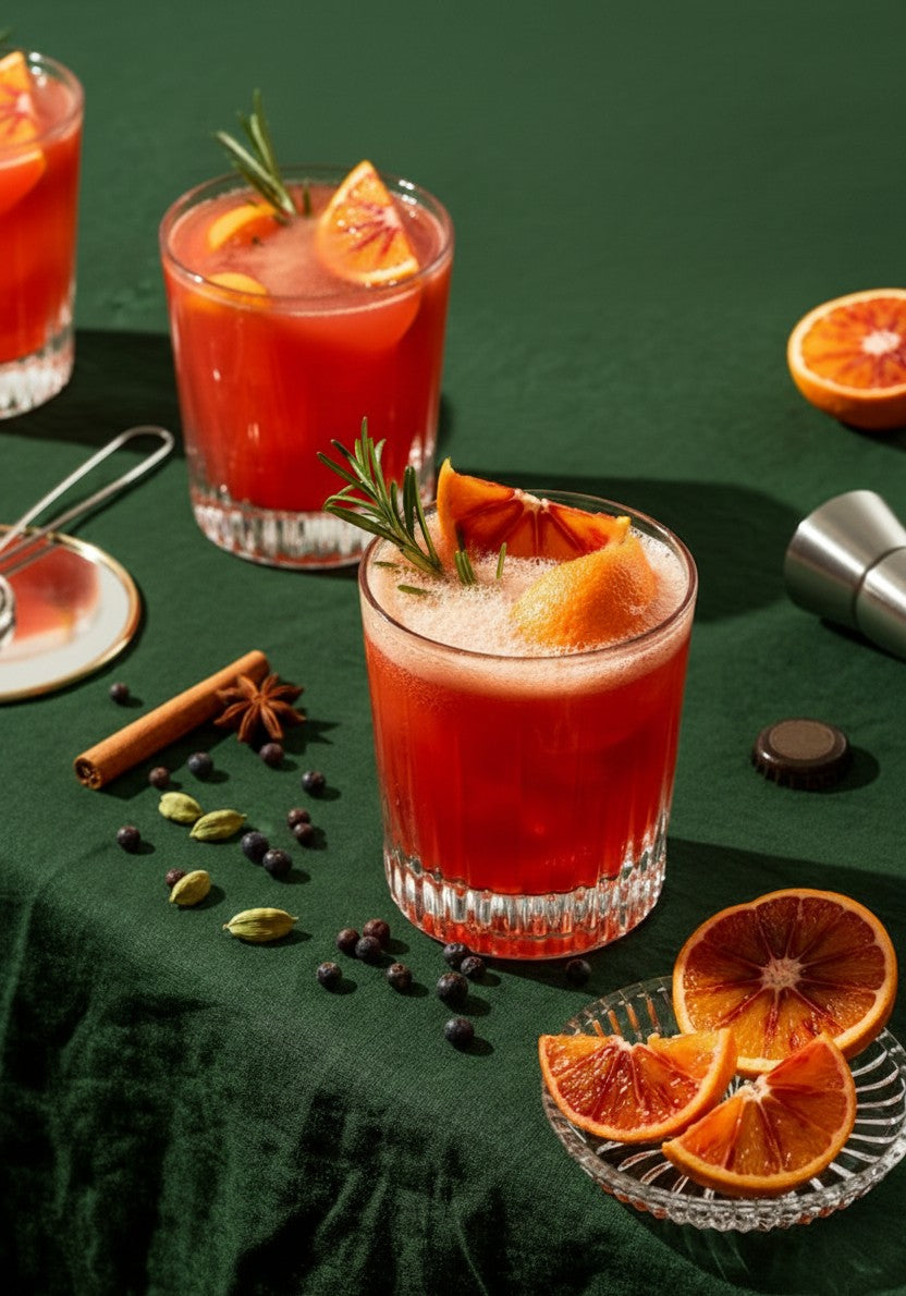 Three red cocktails with garnishes on a green tablecloth with spices and oranges.