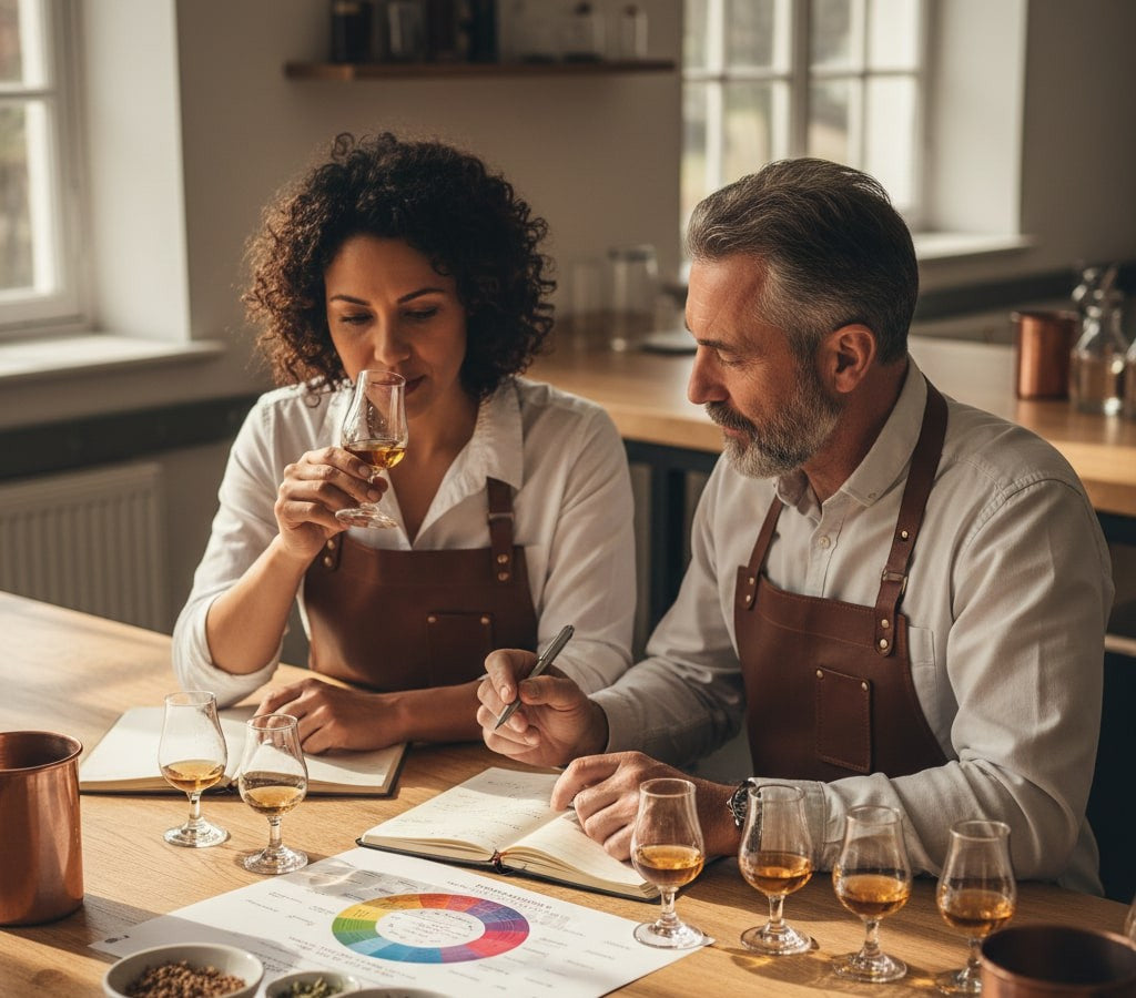 Two people in a distillery lab setting, one holding a glass of spirits and the other taking notes, with a colour wheel on the table.