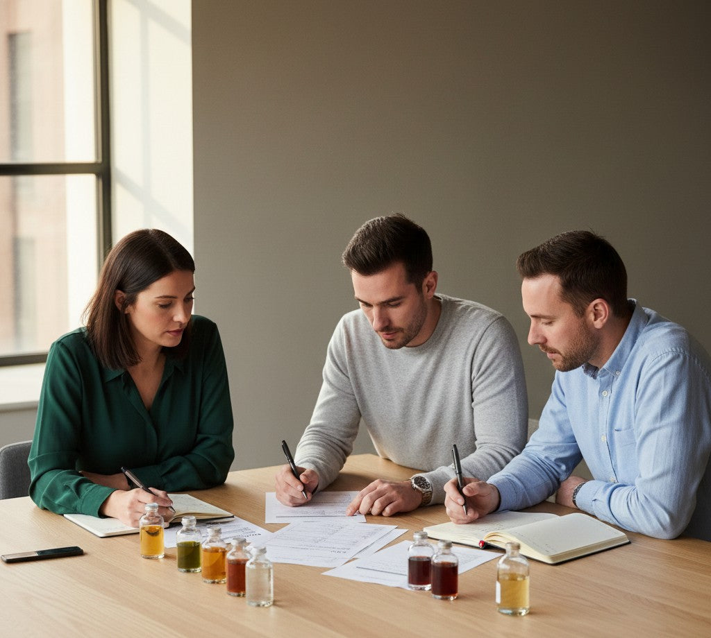 Three people sitting at a table with documents and drinks, engaged in a discussion.