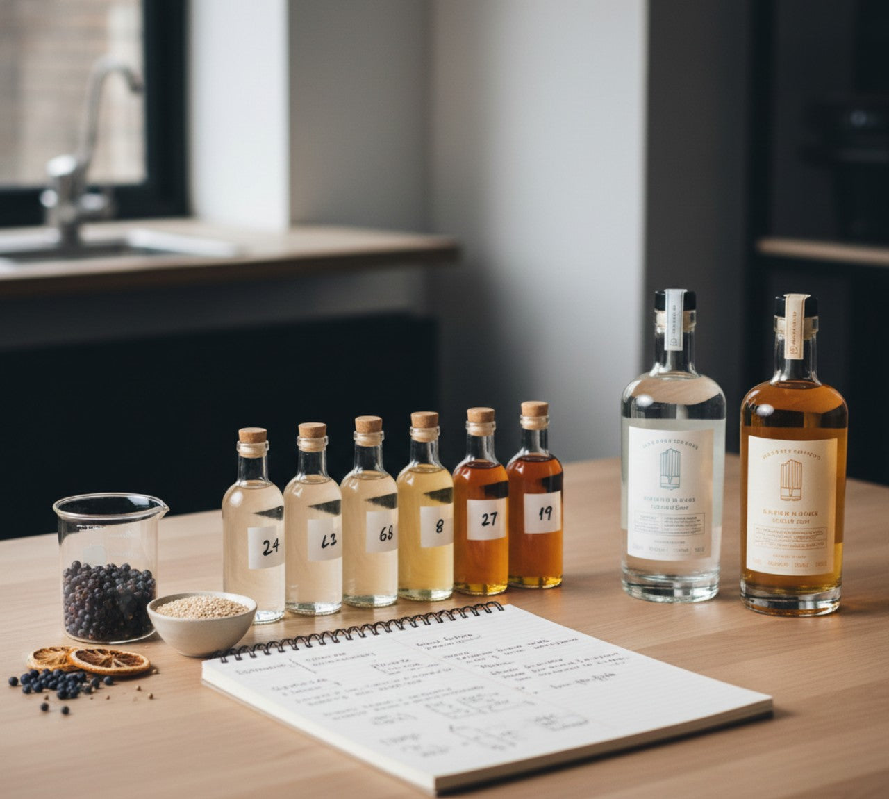 Row of small bottles with labels on a table next to a notebook.