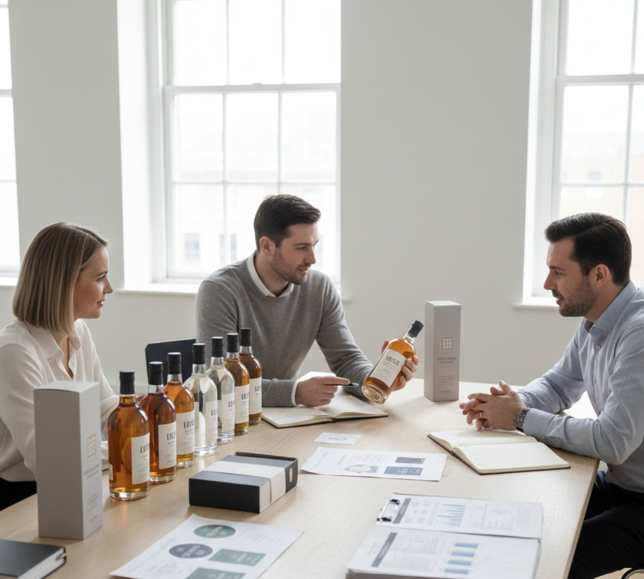 Three people sitting around a table with bottles and documents in a bright room.