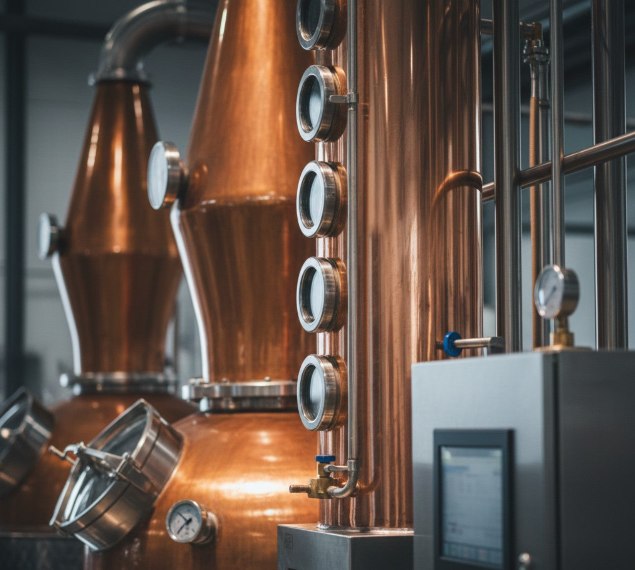 Copper stills in a distillery setting with a digital display.