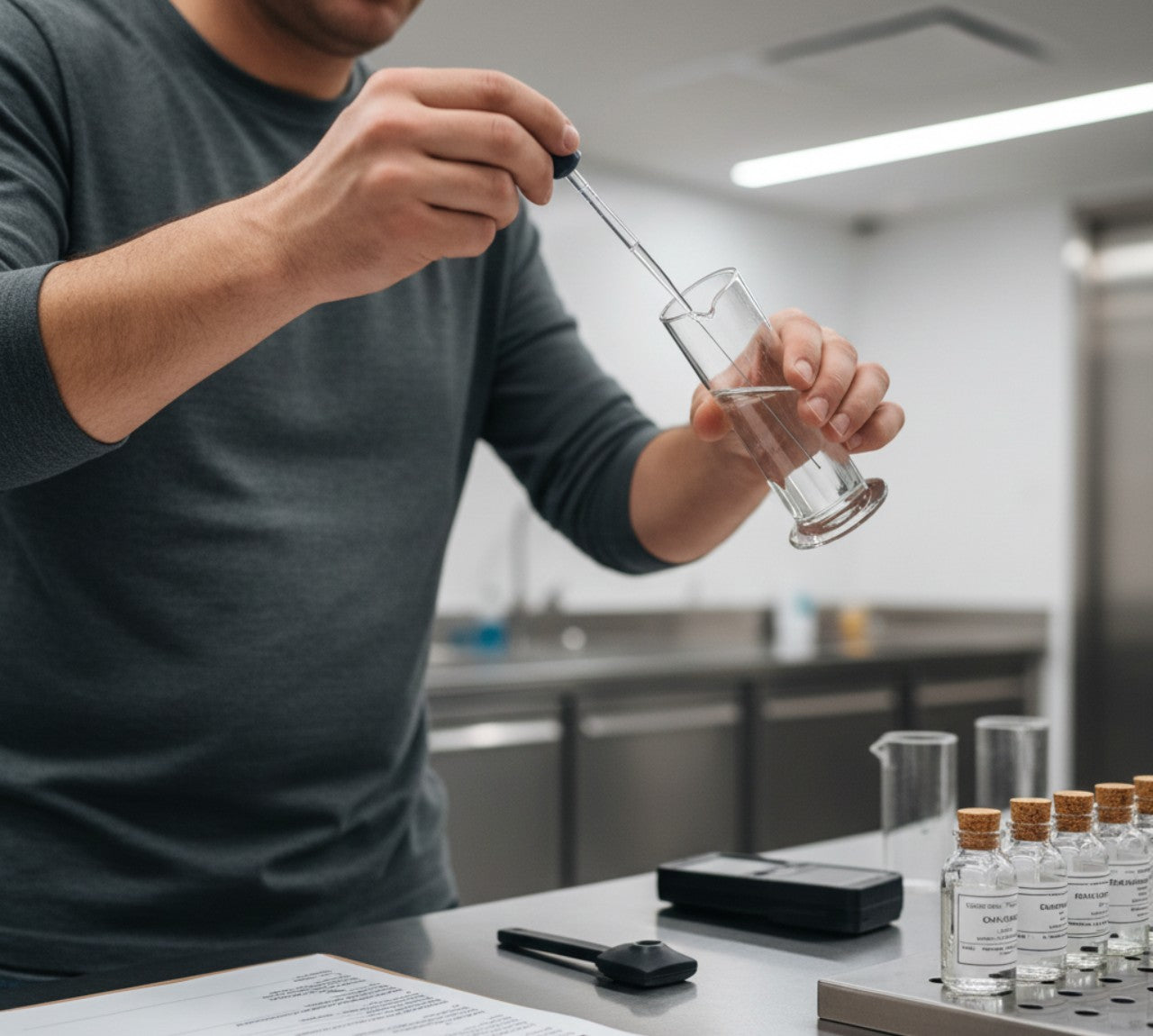 Person in a laboratory setting using a pipette to transfer liquid into a test tube.