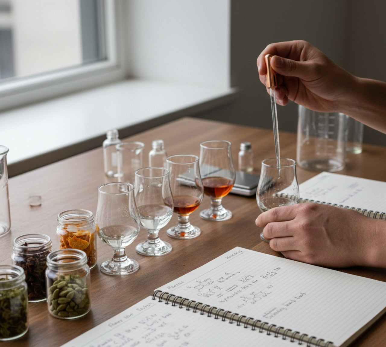 A person creating a spirit recipe by adding different samples to a test glass, with a notepad on the table
