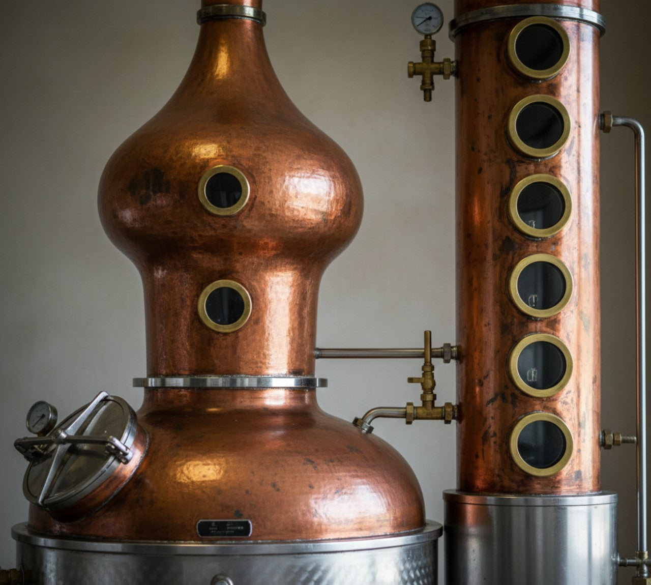 A copper pot still with a 6 plate column