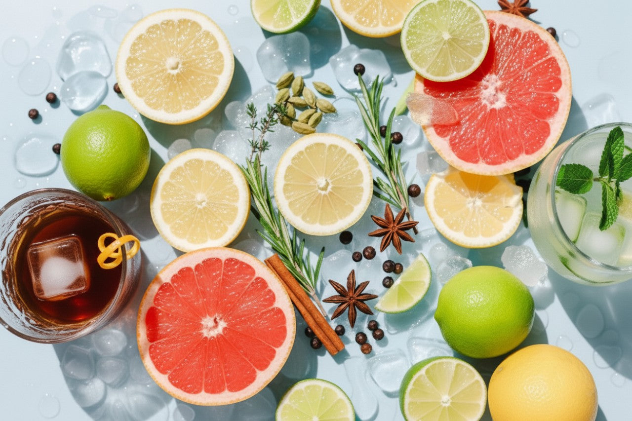 Fruit and botanicals mixed amongst ice and 2 cocktails