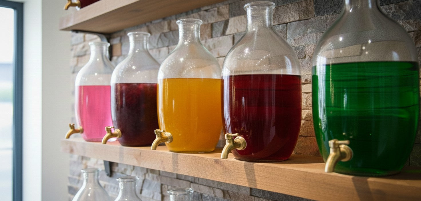 Glass jars filled with difference liqueurs on wooden shelves