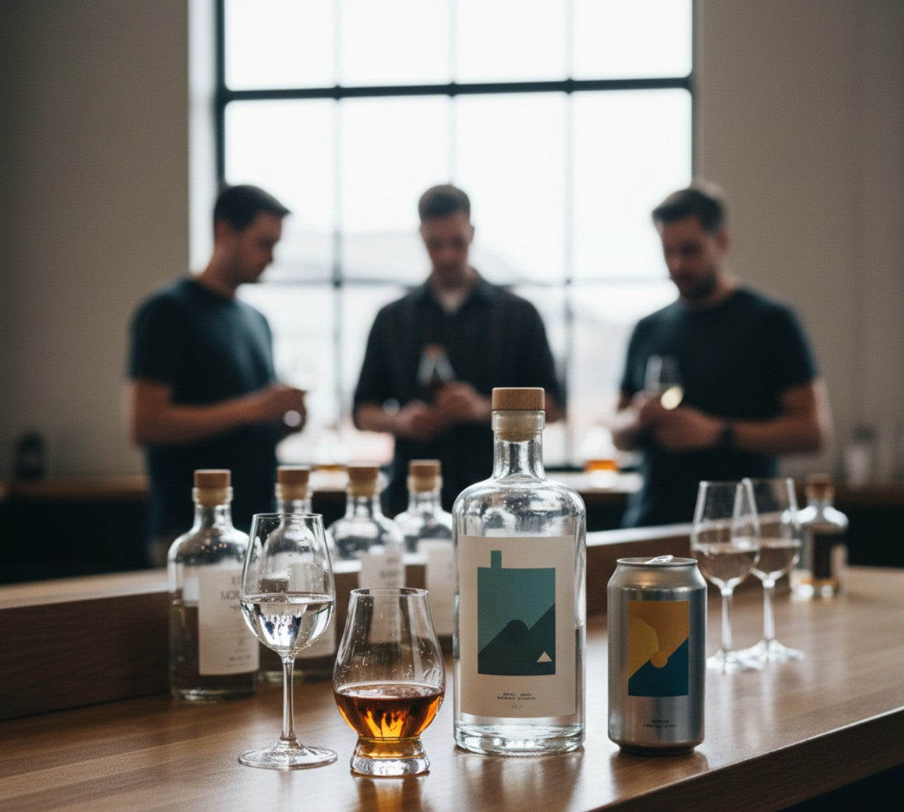Bottles and glasses on a table with people in the background