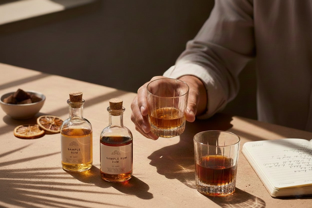 Someone sampling 2 different rums in glasses, with a note pad and 2 sample bottles of rum on a table