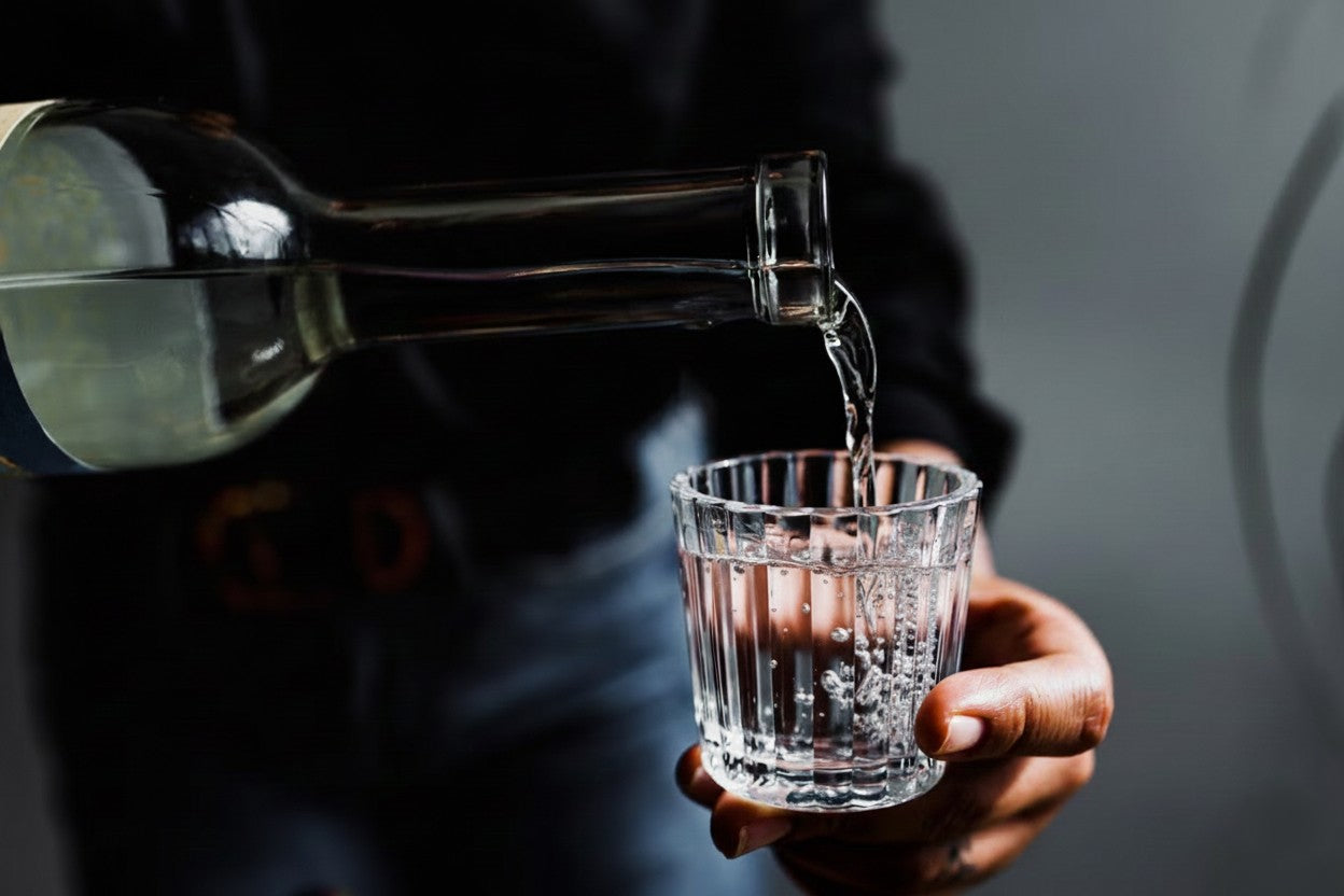 Someone pouring a bottle of vodka into a glass