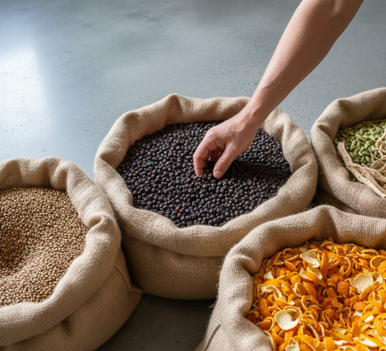 Sack so botanicals with a hand reaching into one of them.