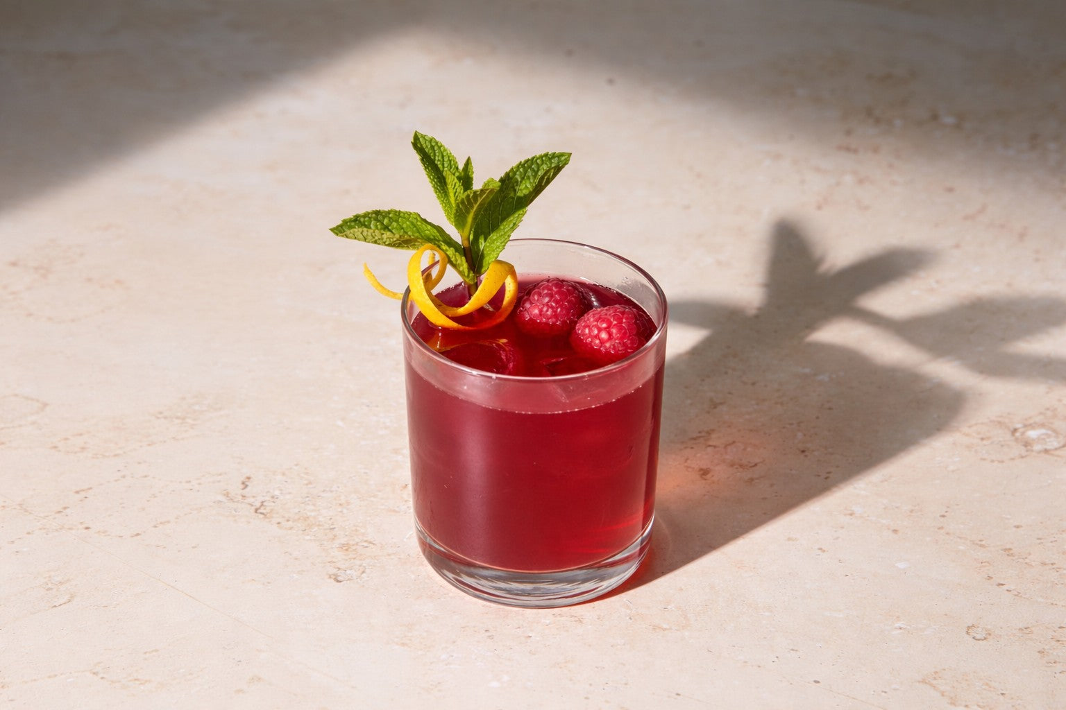 Red cocktail with raspberries and mint garnish on a light surface