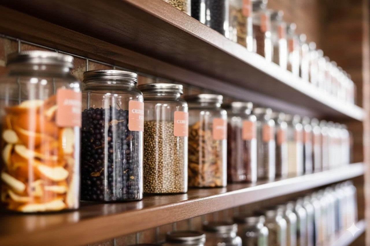 Shelves with glass jars containing various gin botanicals on wooden shelves.