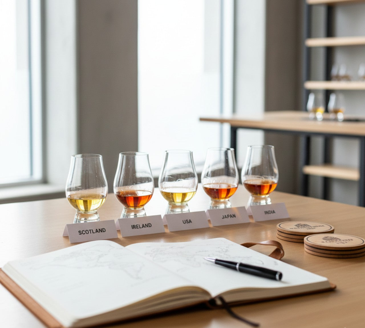 Set of whisky samples from different countries on a table with an open notebook and pen.